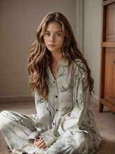 2Pcs  Plant Print Long Sleeve Collar Homewear Set Lingerie